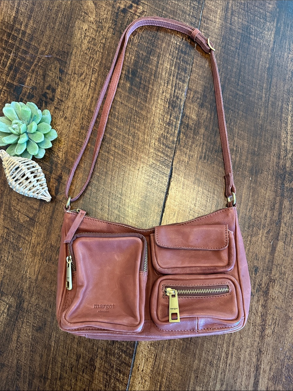 Margot New York | Rylee Genuine Leather Multi-Pocket Crossbody Bag, Cognac